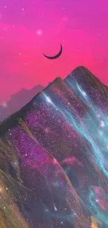 Surreal mountain with a pink sky and galaxy view.