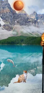 Surreal lake with cat, dolphin, mountains, and flaming torch.