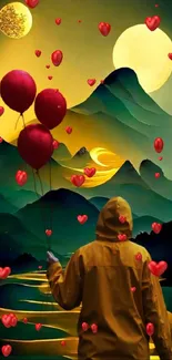 Person holding red balloons facing surreal mountain nightscape.