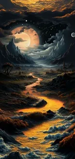 Surreal nightscape with glowing river and celestial sky in mountains.