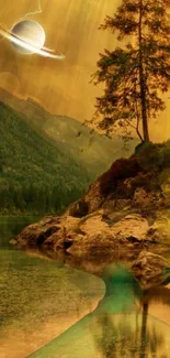 Surreal landscape with tree and planet in golden hues.