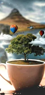 Surreal mobile wallpaper with tree in coffee cup and balloons.