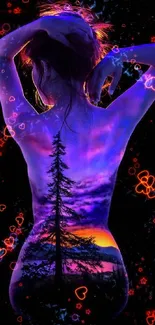 Surreal art with tree silhouette on a vibrant background.