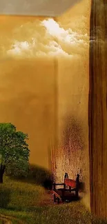 Surreal wallpaper with nature and book art on a brown background.