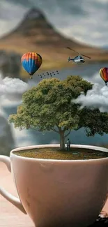 Surreal scene with tree in coffee cup and flying balloons.