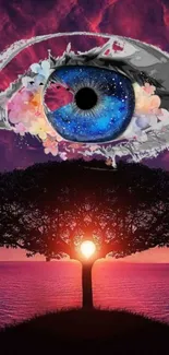 Surreal wallpaper with cosmic eye above sunset-lit tree.