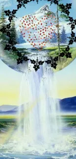 Surreal nature fantasy wallpaper with waterfall and orb.