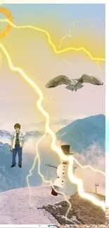 Surreal wallpaper with mountains, lightning, and a bird.