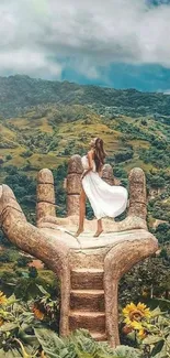 A woman stands atop a giant hand sculpture in a lush, green landscape.