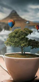 Surreal wallpaper with tree in teacup, balloons, and dreamy landscape.