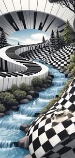 Surreal landscape with piano path and stream under blue sky.