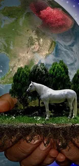 Surreal wallpaper with a horse and Earth in hands.