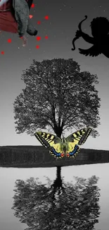 Surreal tree and butterfly with a mythological theme on a mobile wallpaper.