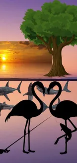 Surreal nature scene with flamingos and sunset.