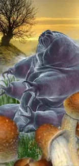 A giant tardigrade with mushrooms in a surreal landscape.