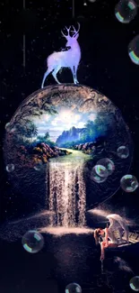 Surreal art with waterfall and stag in cosmic scene.