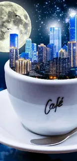 Surreal cityscape inside coffee cup under moonlit sky, blue tones dominate.