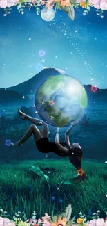 Woman holding Earth in surreal landscape with floral border and night sky.