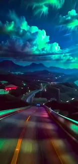 Vibrant surreal highway at night with glowing skies and winding roads.