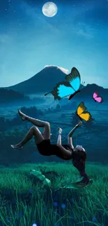 Levitating figure with butterflies in moonlit landscape.