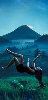 Surreal night landscape with floating figure and mountain backdrop.