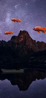 Surreal night scene with flying orange fish over a mountain lake.