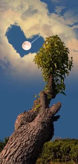 Surreal tree reaching heart-shaped clouds with a bright moon in the night sky.