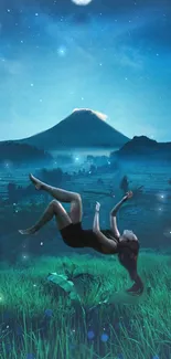 Woman floating under starry sky with mountain backdrop.