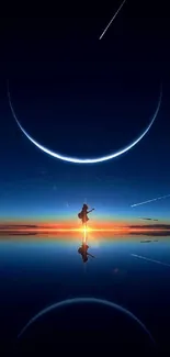 Surreal reflection of night sky with crescent moon and serene waters.