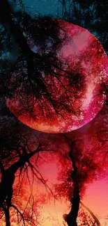 Surreal pink moon and trees wallpaper with vibrant colors.