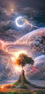 Surreal night sky wallpaper with swirling clouds and a lone tree.