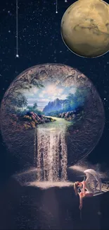 Surreal fantasy landscape with waterfall and a planet in a cosmic night sky.