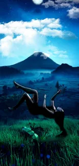 Surreal nightscape with floating figure and mountain in blue tones.