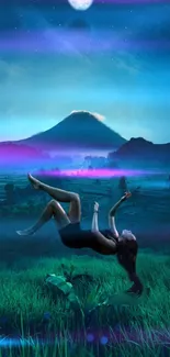 Surreal wallpaper with a floating figure and a blue nightscape.