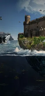 Surreal ocean scene with castle and whale.