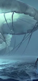 Surreal ocean scene with jellyfish and children under moonlight.