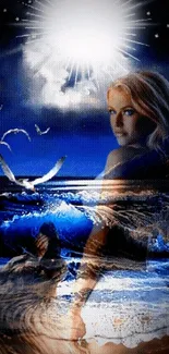 Surreal ocean dreamscape with woman, wolf, and seagulls under glowing light.