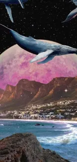 Whales floating over ocean with pink planet and mountains in a surreal scene.