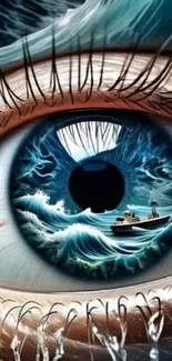 Surreal ocean wave within an eye illustration.