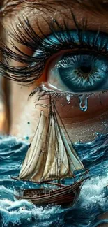 Close-up of eye with ocean waves and ship artwork.
