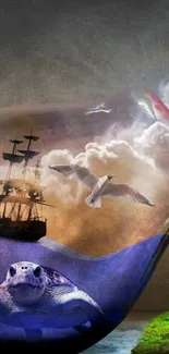 Surreal ocean scene with ship, seagull, and turtle.