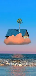 Floating house on pink cloud over the ocean with a palm tree.