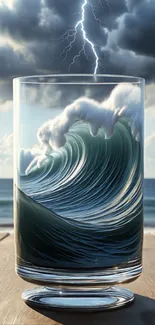 Surreal art of an ocean wave inside a glass with lightning.