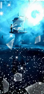 Surreal lighthouse with ocean and glass shards under a cyan sky.