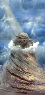 Surreal ocean mountain with clouds and waves in artistic style.