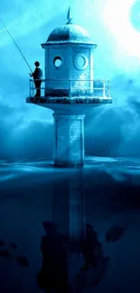 Fisherman on a lighthouse at night.