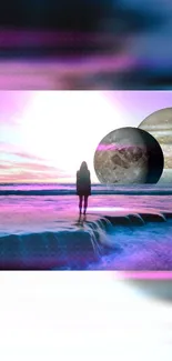 Surreal ocean view with planets in fantasy-inspired purple tones.