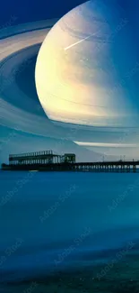 Saturn hovering over a tranquil ocean with pier, creating a surreal cosmic scene.