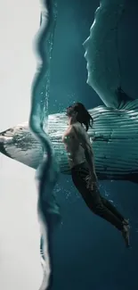 Surreal scene of person swimming with a whale.