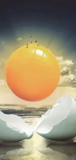 Orange sun rising from a cracked eggshell with birds and clouds in the background.